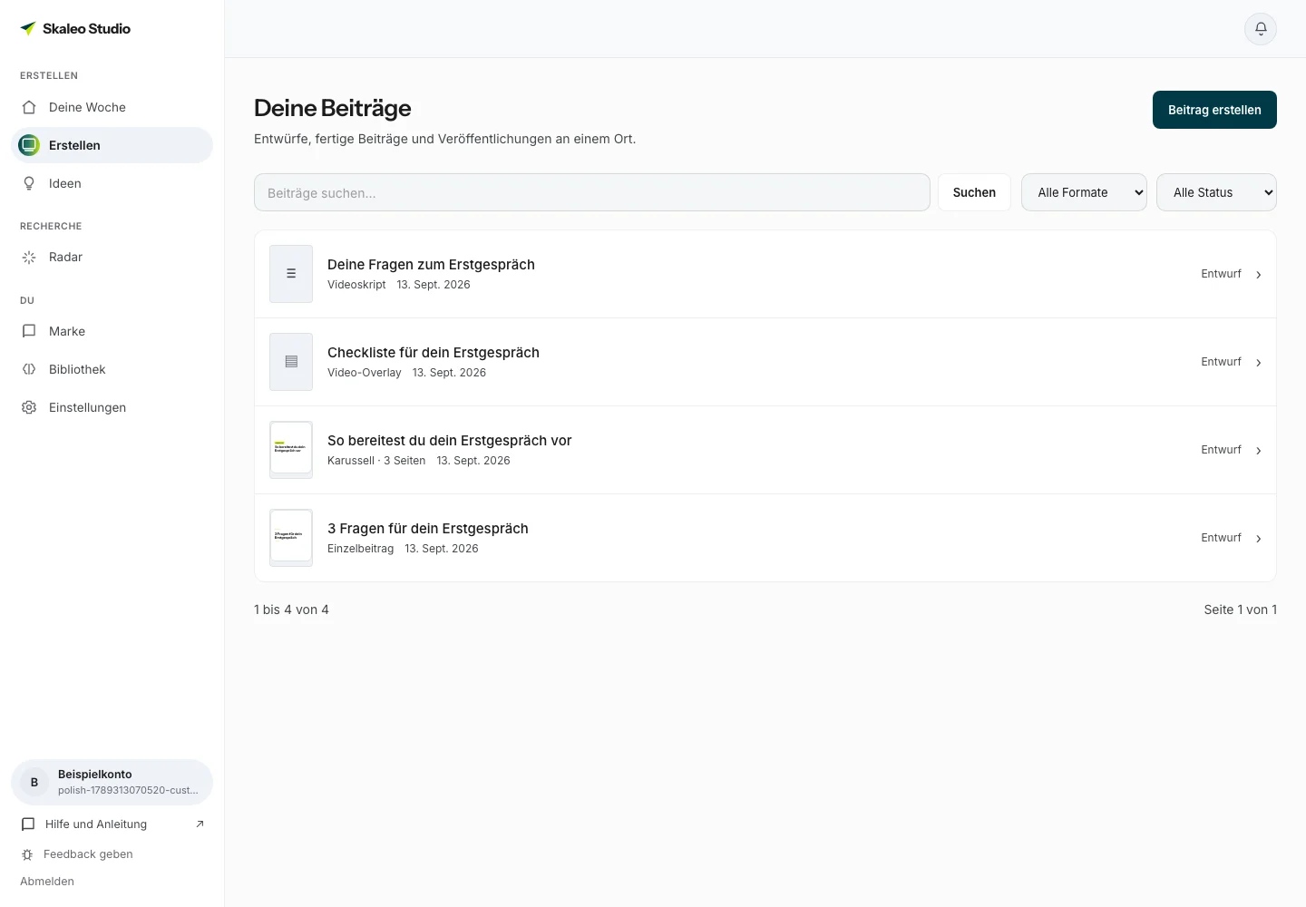 Beitragsübersicht mit Suche, Statusfilter, Formatfilter und vorhandenen Entwürfen