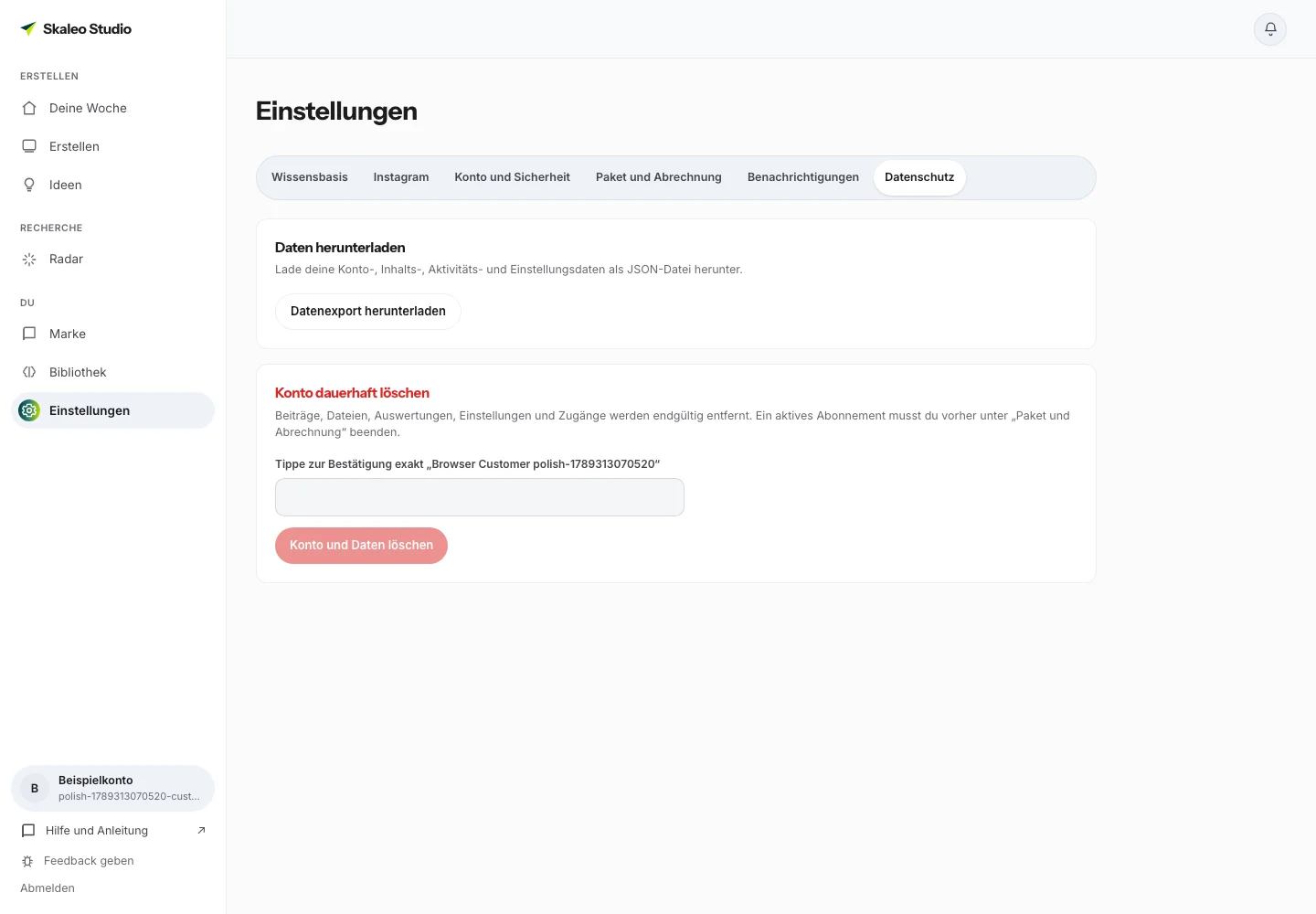 Datenschutzeinstellungen mit Datenexport und separatem Bereich zur Kontolöschung