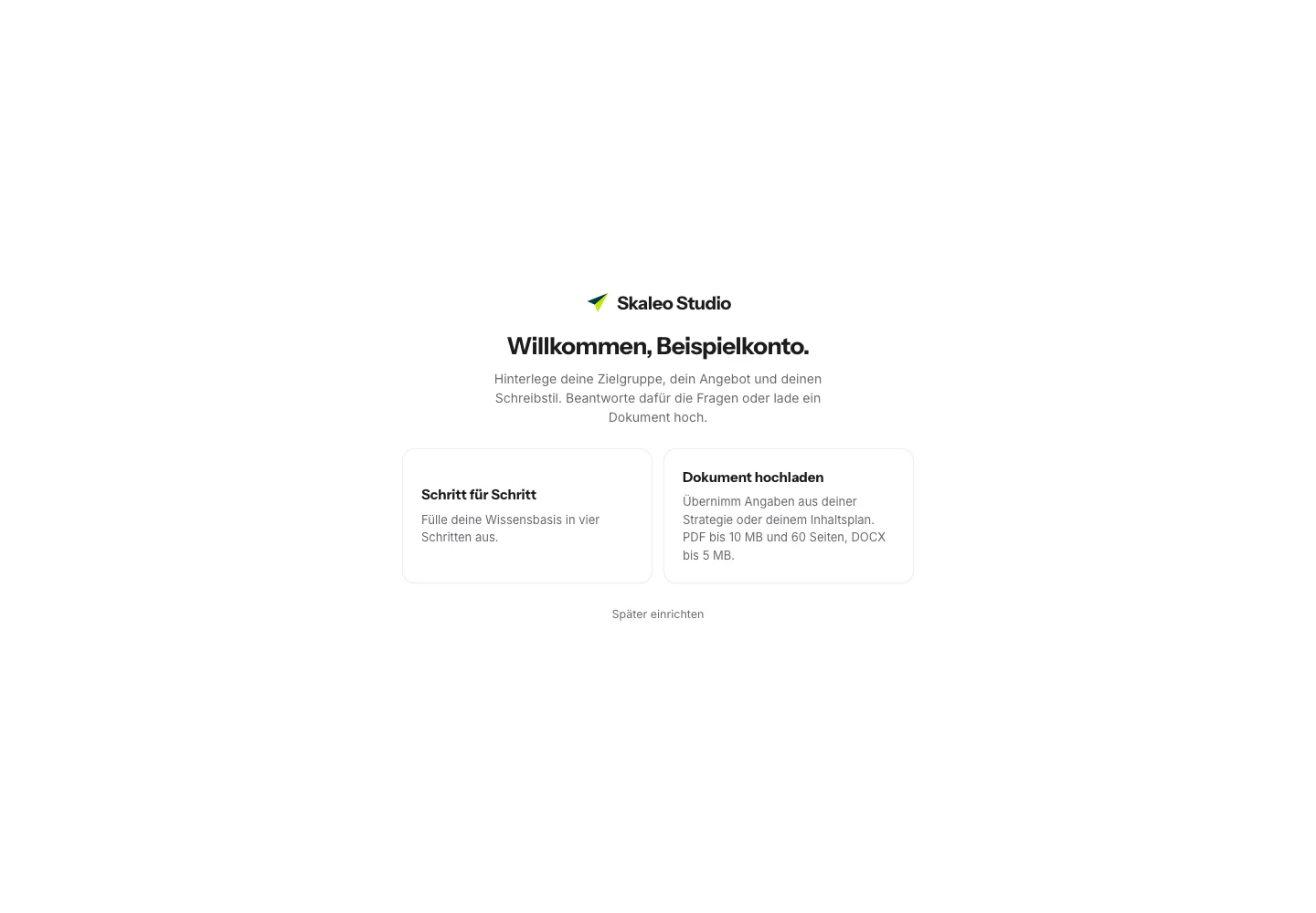 Ersteinrichtung mit geführten Fragen und Dokument-Upload