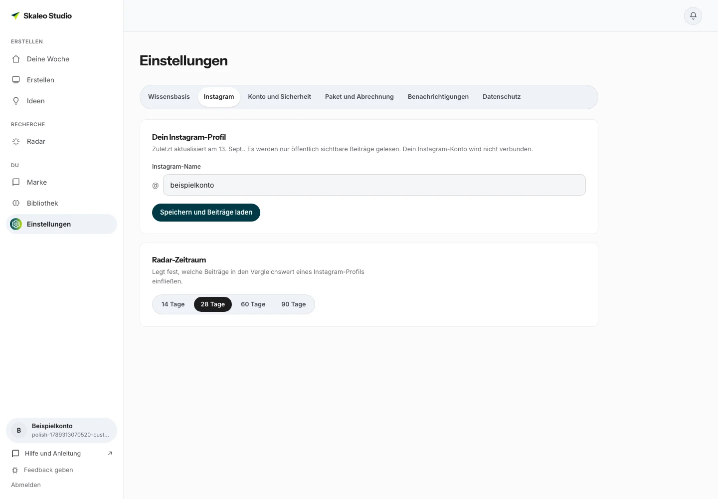 Instagram-Einstellungen mit Namensfeld und Auswahl des Radar-Zeitraums