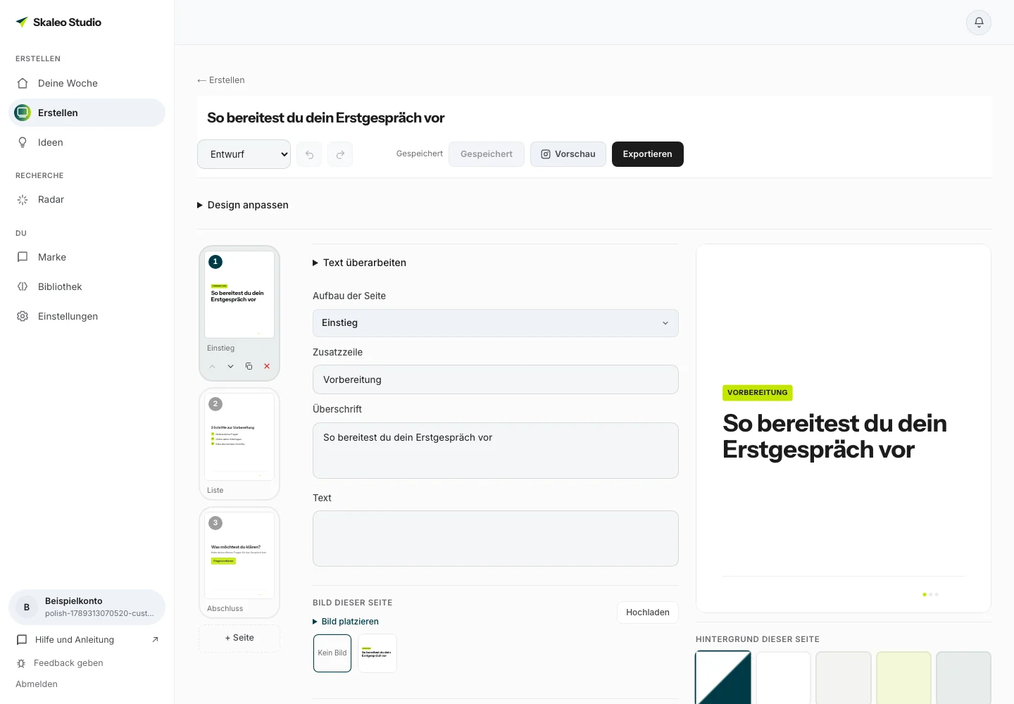 Karussell-Editor mit Vorschau und Exportieren oben rechts
