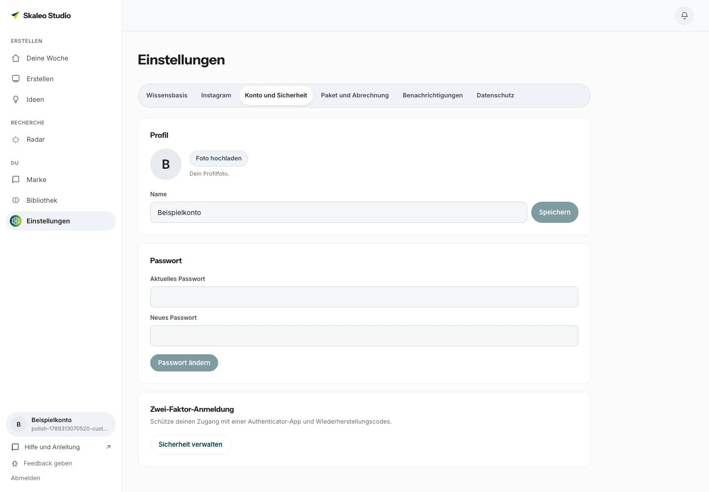 Kontoeinstellungen mit Profil, Passwortformular und Link zur Sicherheit