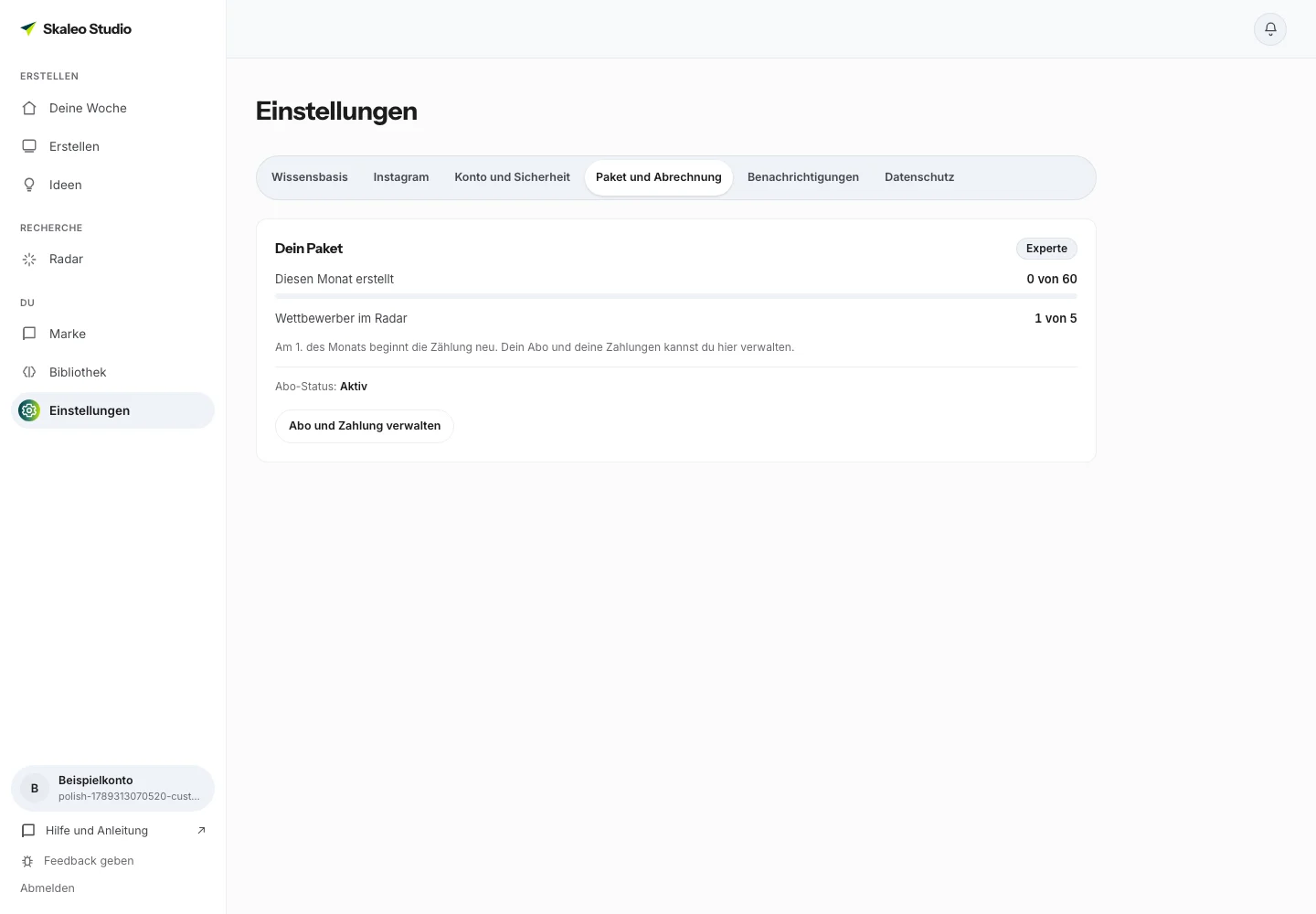 Paketübersicht mit Monatskontingent, Wettbewerbern und Aboverwaltung