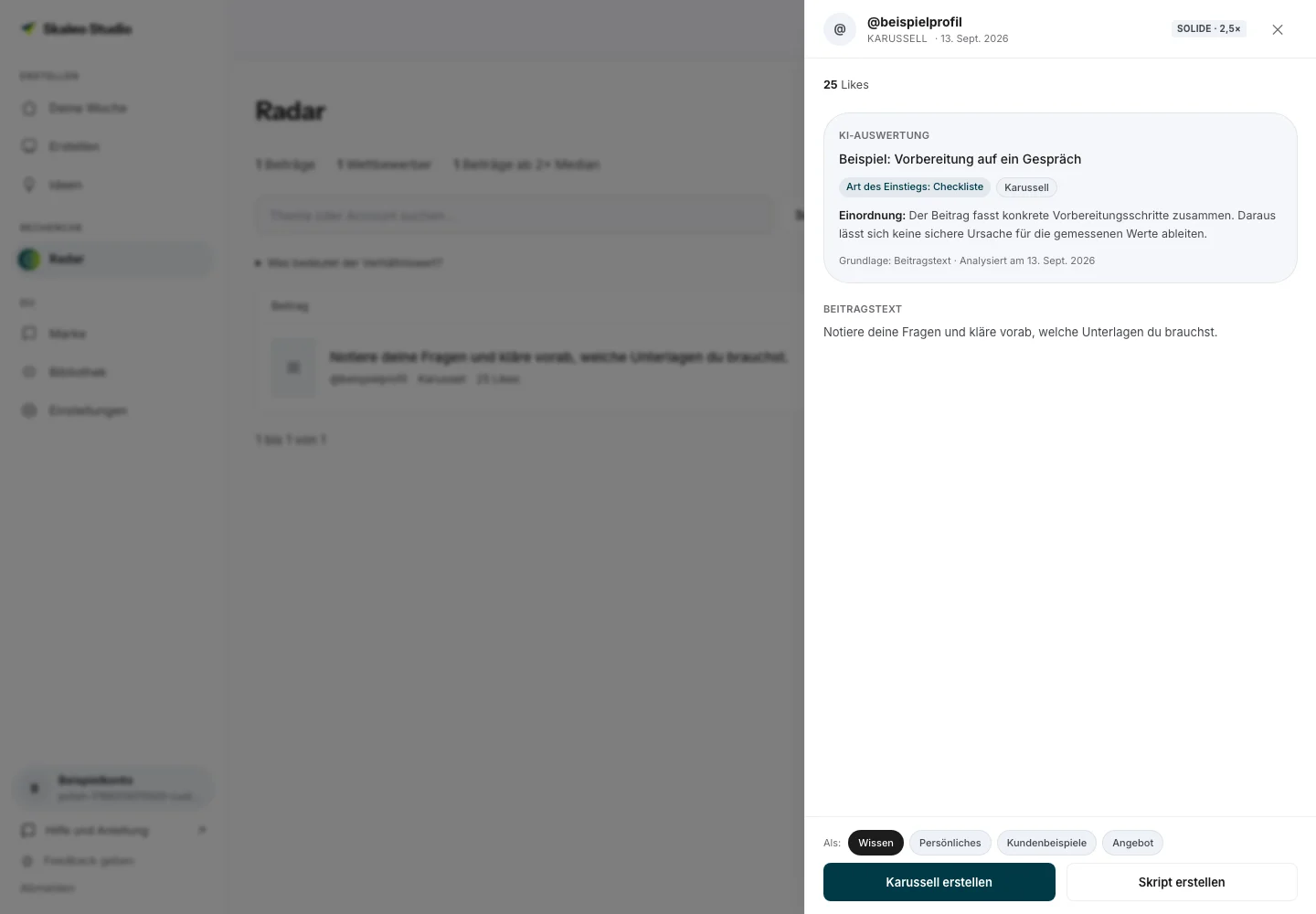 Geöffnete Radar-Details mit Auswertung, Beitragstext und Aktionen zur Erstellung