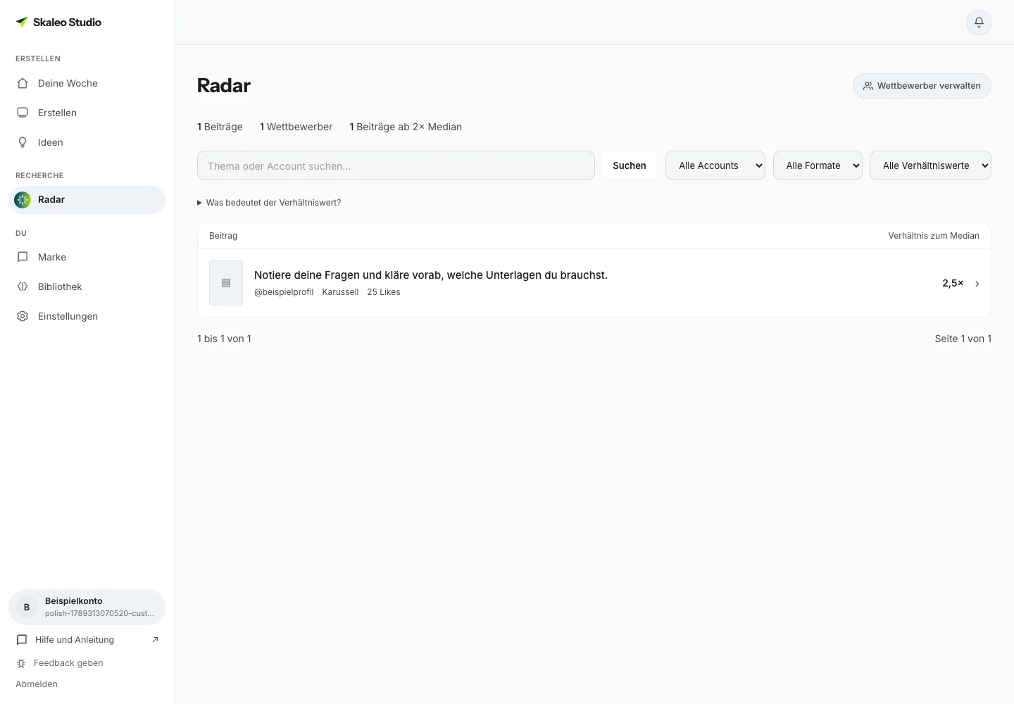 Radar mit kompakter Beitragsliste, Suche und Filtern