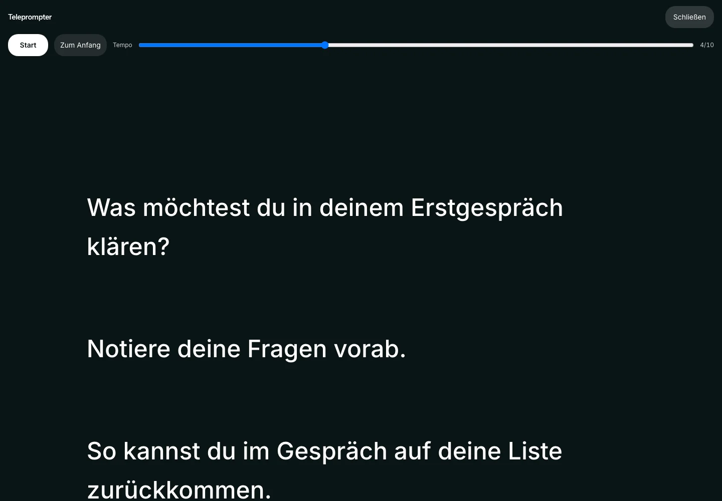 Teleprompter mit Start, Zum Anfang, Tempo und großem Sprechtext