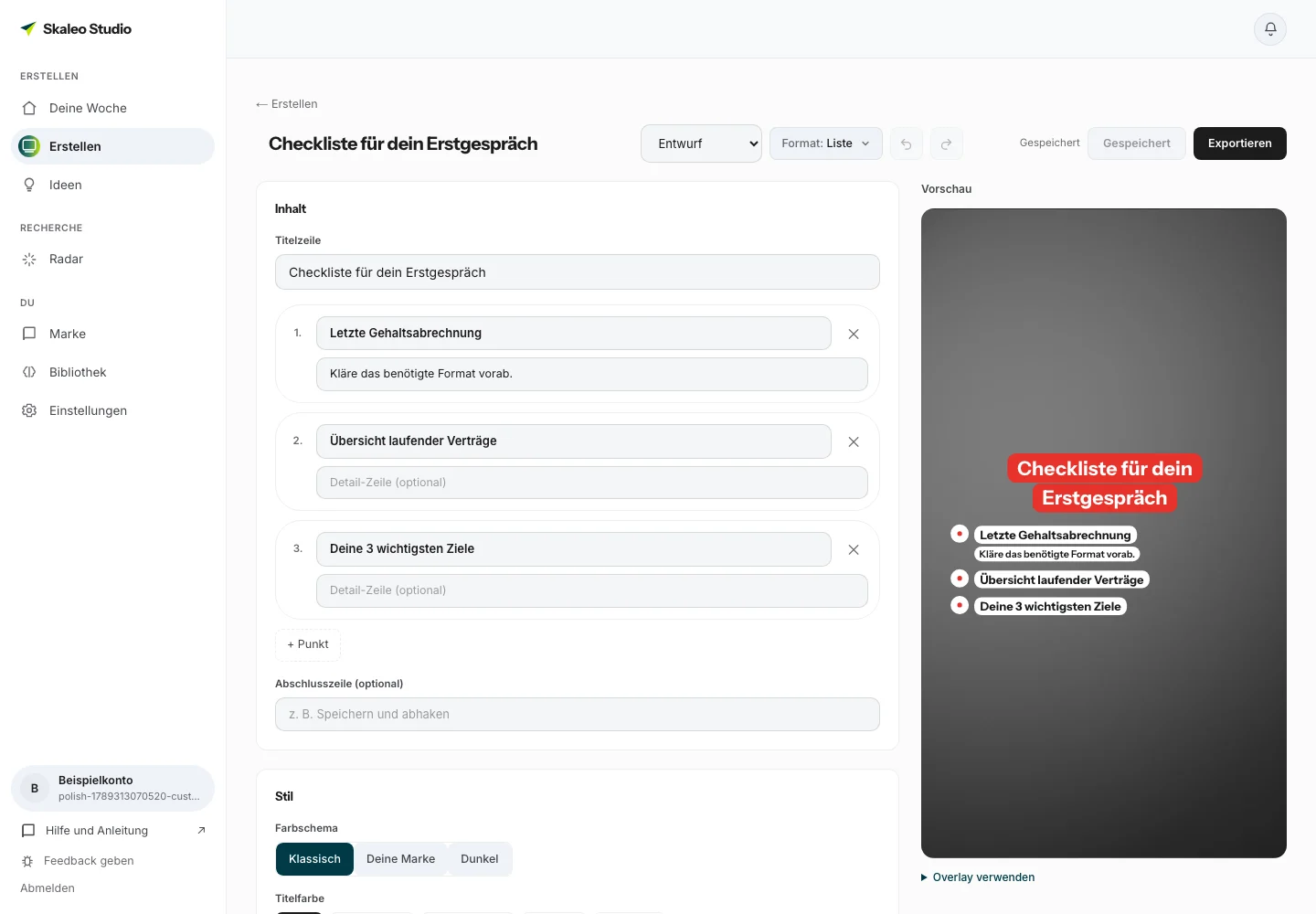 Overlay-Editor mit Inhalt, Stil und Grafikvorschau