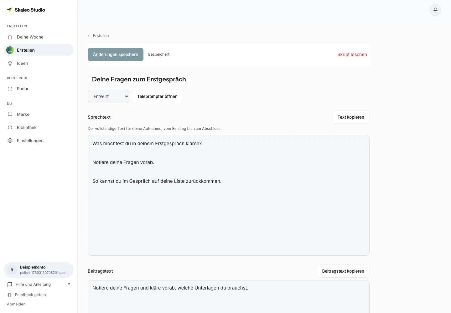Videoskript-Editor mit vollständigem Sprechtext, Kopierfunktion und Teleprompter-Button